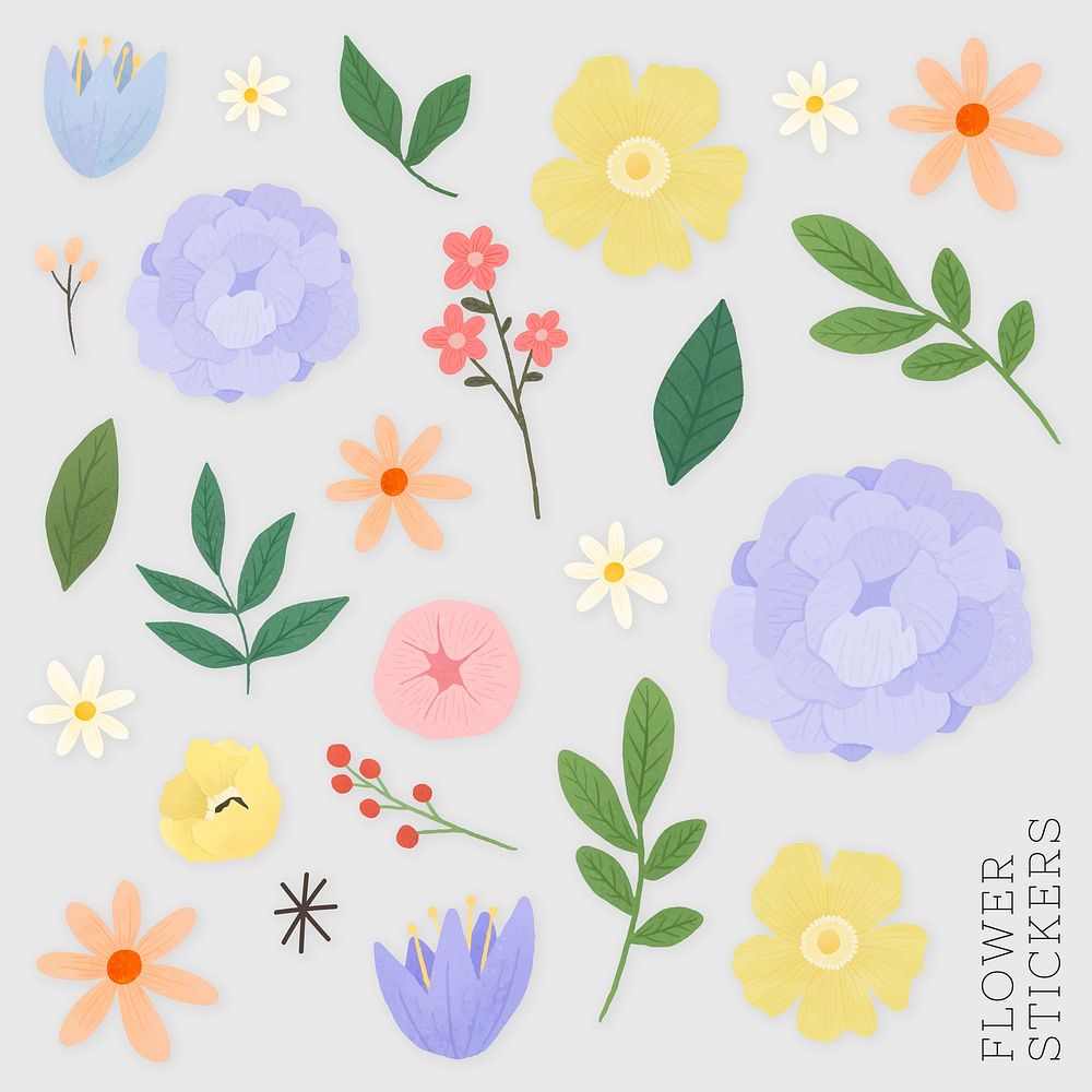 Flower and leaf stickers set illustration