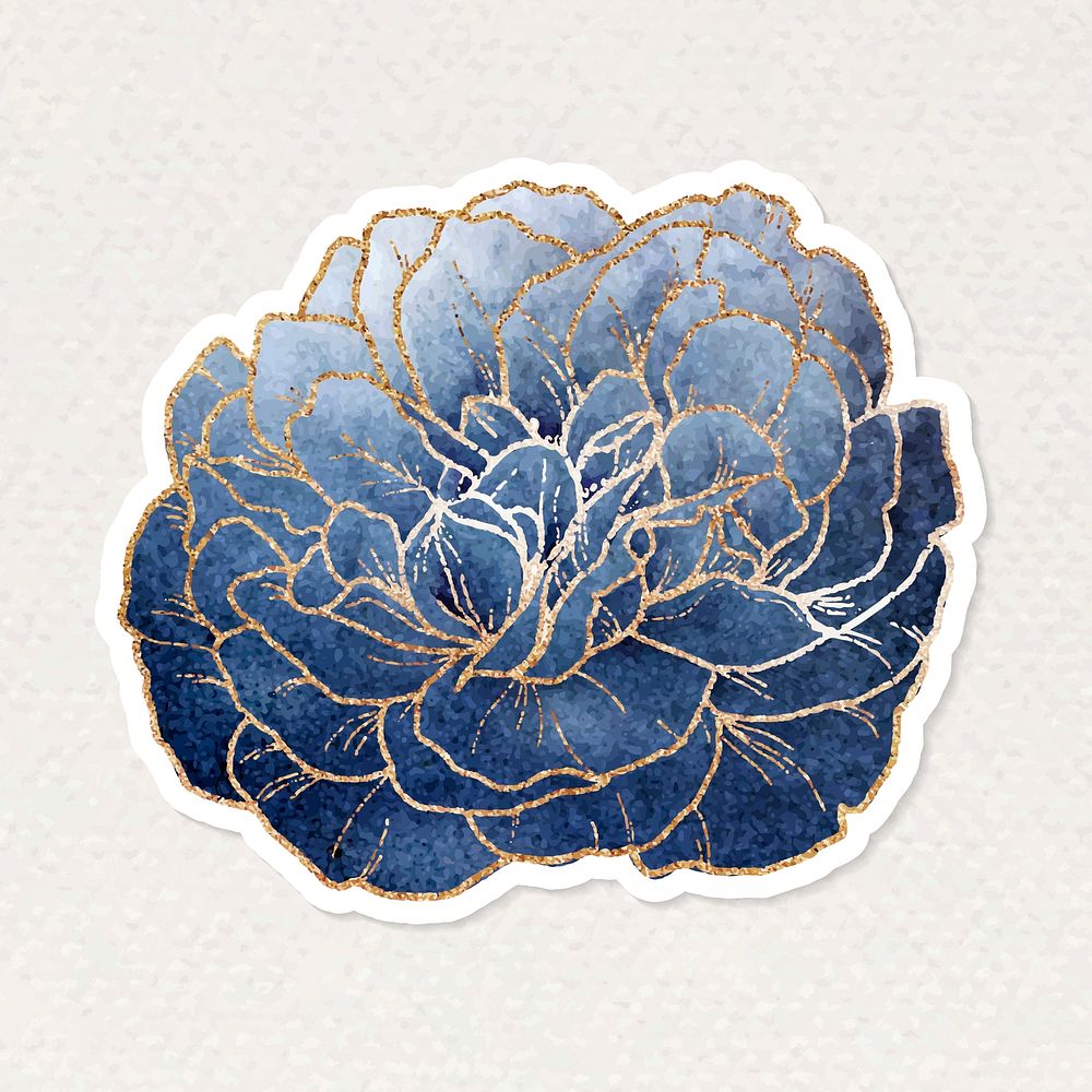 Blue peony flower sticker with gold element vector