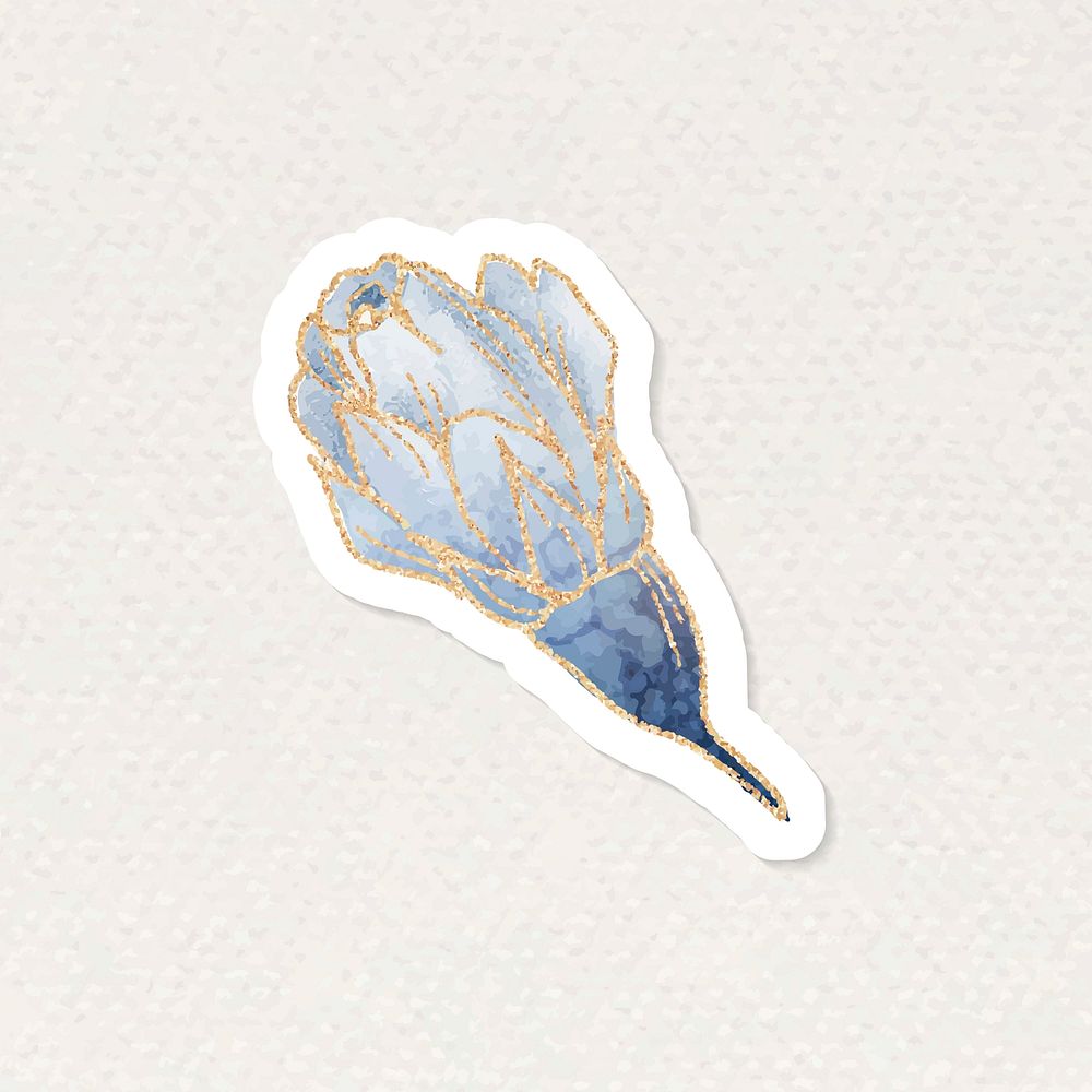 Blue delphinium flower sticker with gold element vector
