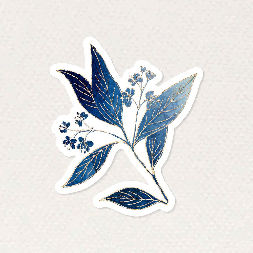 Blue leaves sticker with gold elements vector 