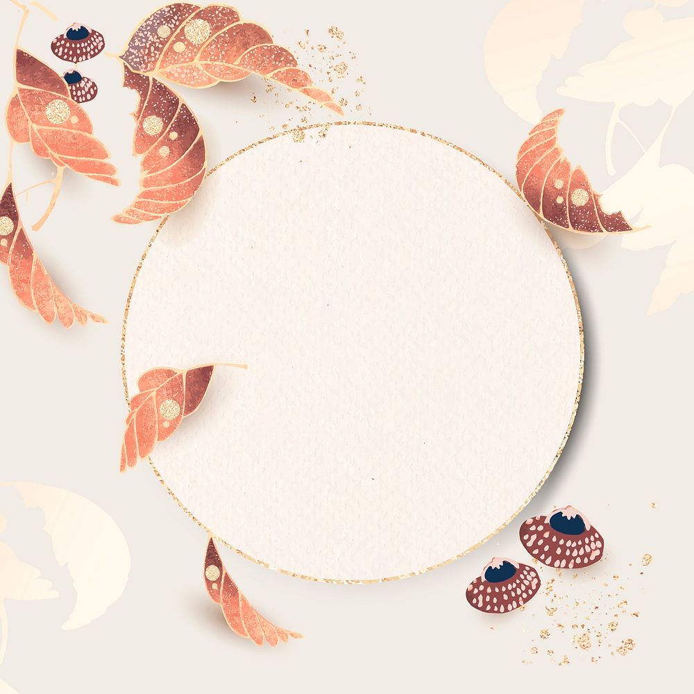 Round gold frame with leaf motifs on an ivory background vector