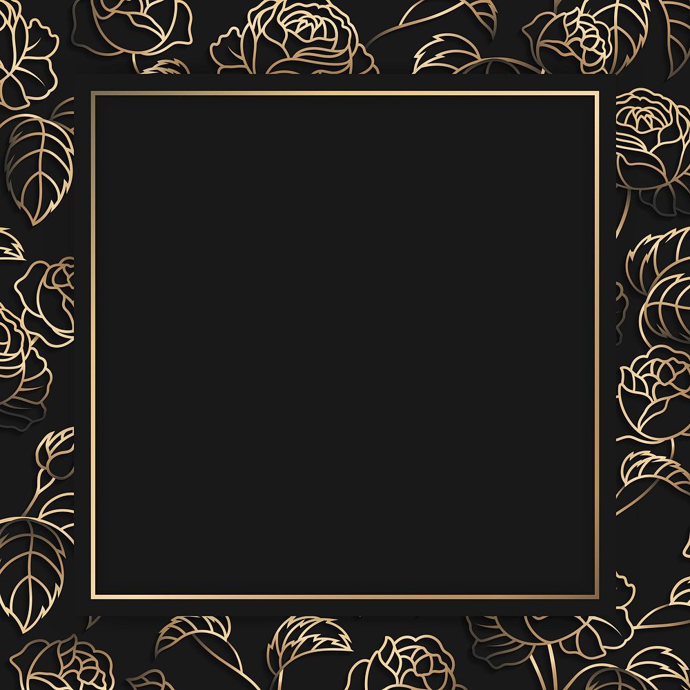 Square gold frame on floral pattern black background vector