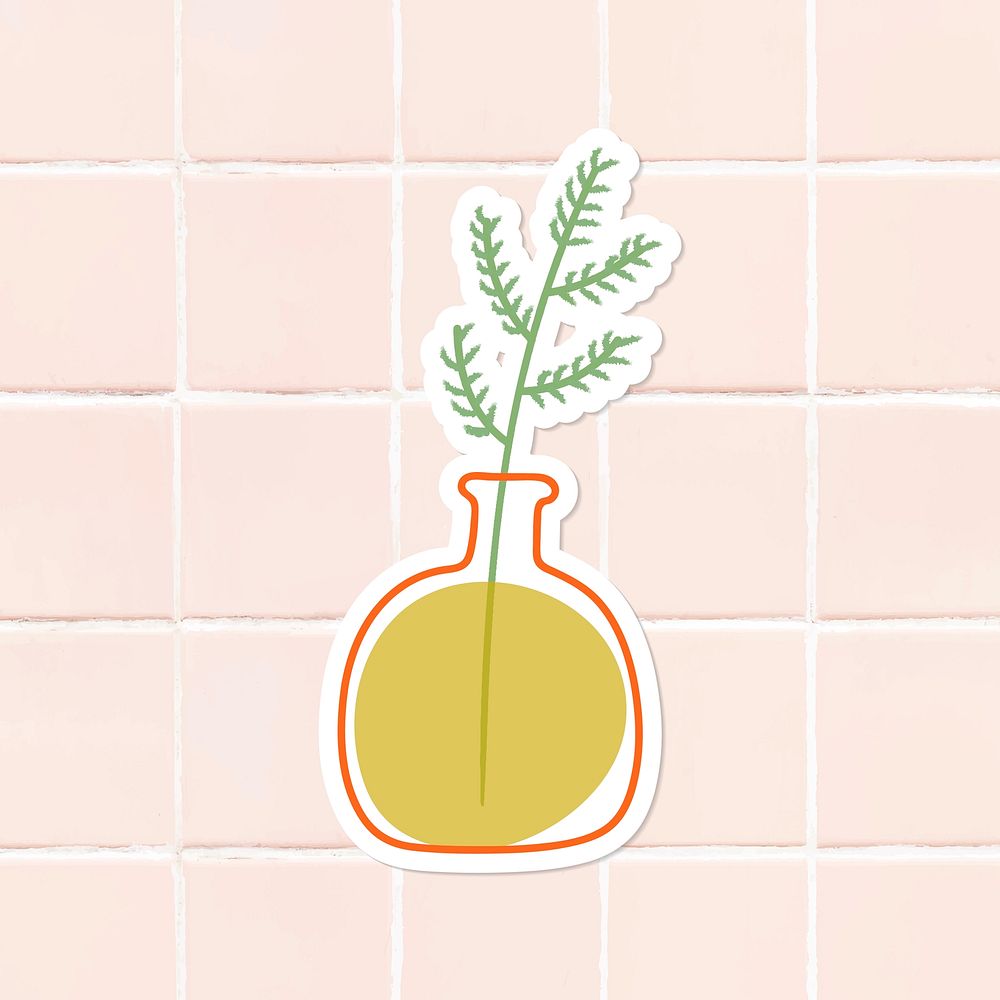 Green doodle leaves in a yellow pot sticker on tile background vector