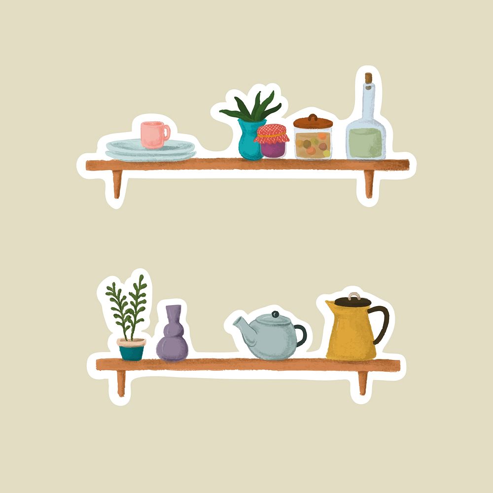 Wall shelves with household items sticker vector
