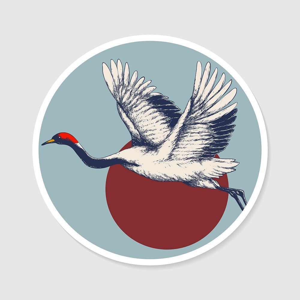 Traditional Japanese red crowned crane sticker with white border vector