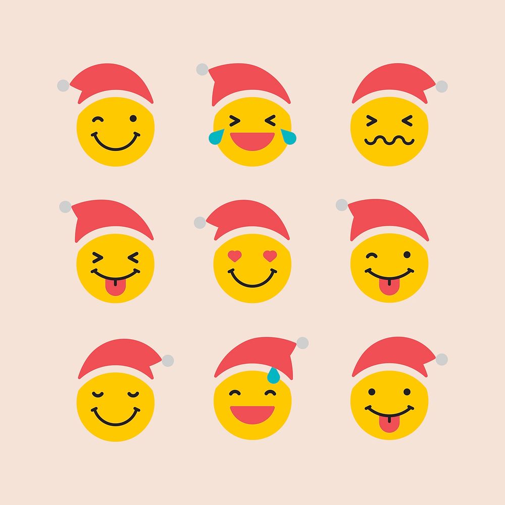 Round yellow Santa emoticon set isolated on beige background vector