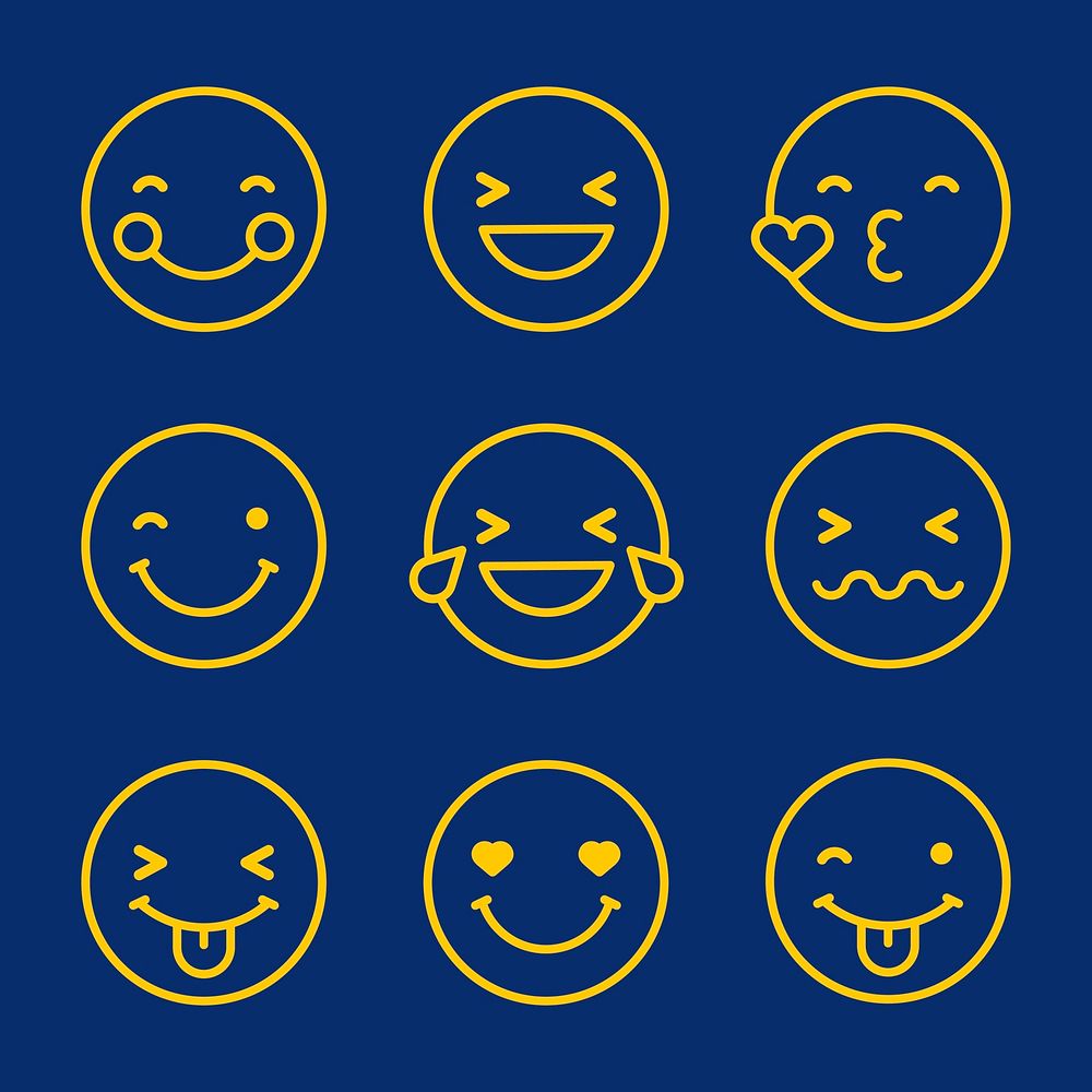 Round yellow outline emoticon set isolated on blue background vector