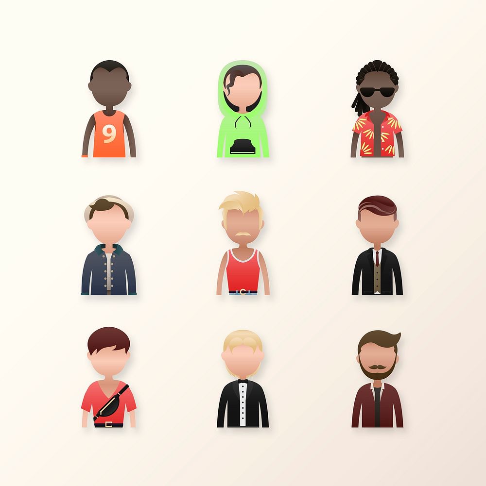 Set of diverse men avatar character vector