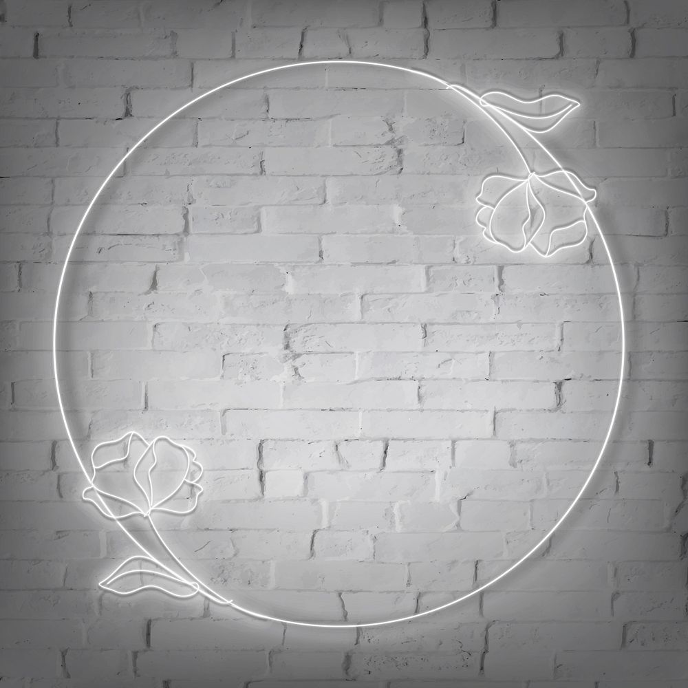 Neon lights round frame with flowers on white brick wall vector