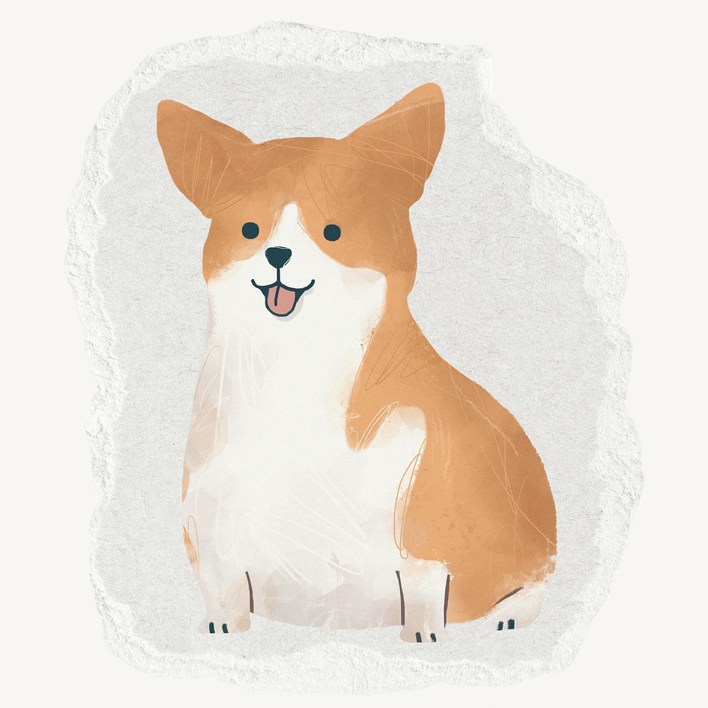 Corgi dog, ripped paper collage element