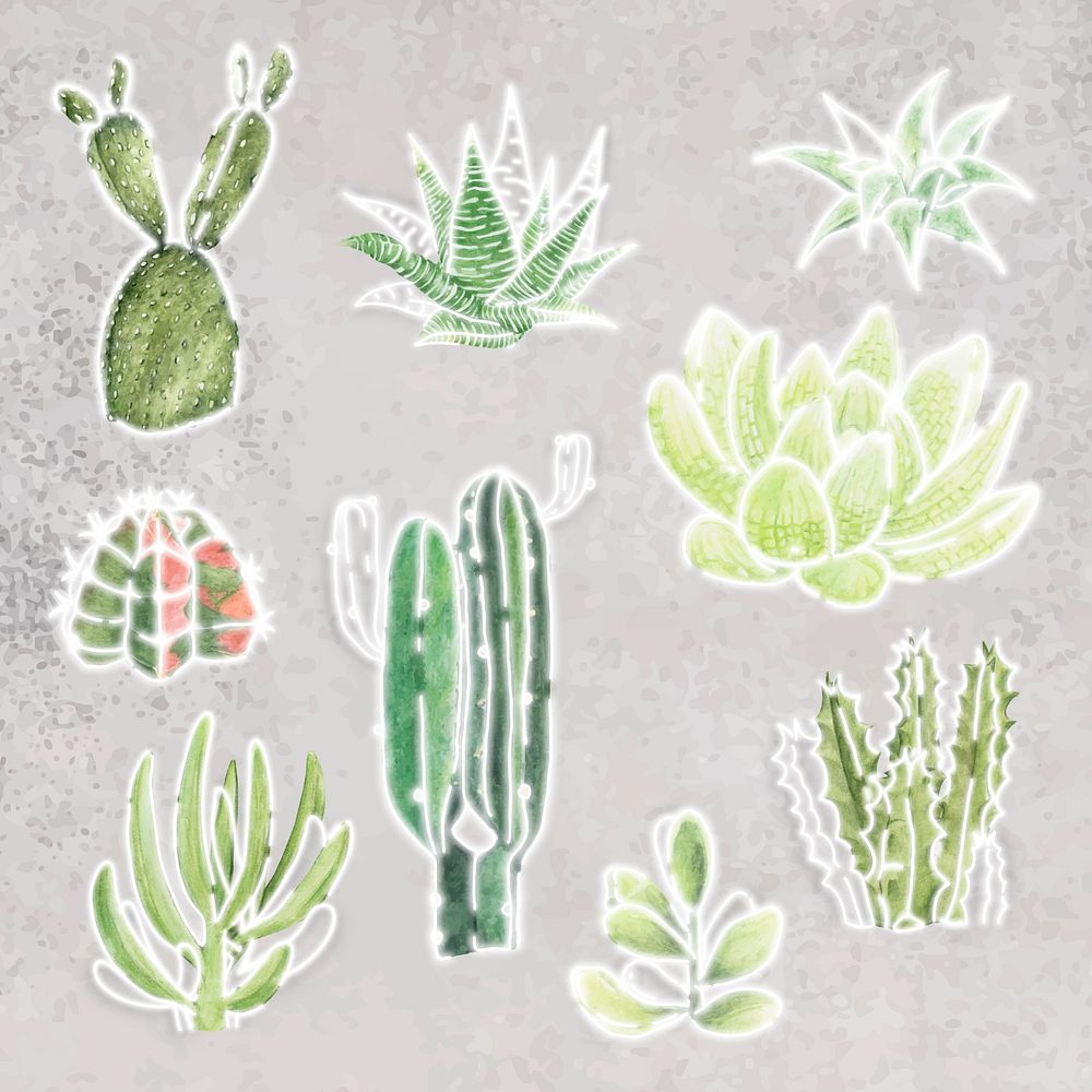 Green neon cactus collection on a gray background social ads template vector