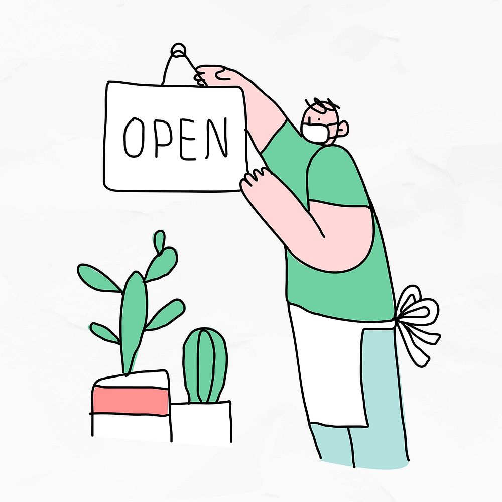 &lsquo;Open&rsquo; COVID-19 business vector new normal doodle character