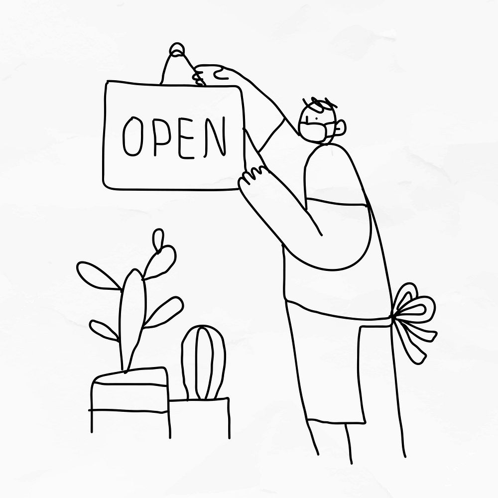 ‘Open’ COVID-19 business vector new normal doodle character