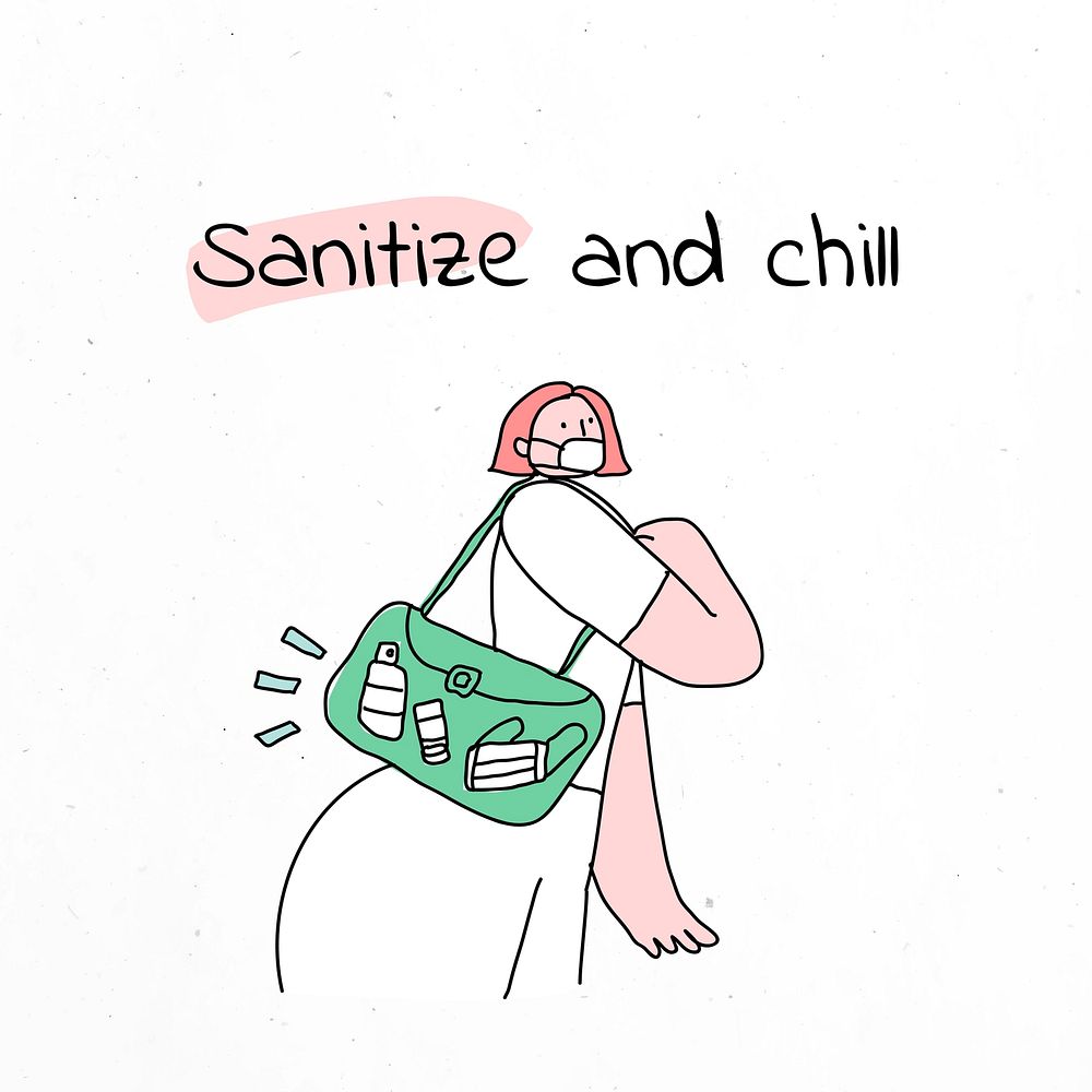 Sanitize and chill vector new normal lifestyle doodle social media post