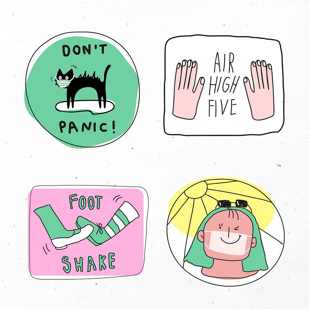 Cute COVID-19 vector doodle journal stickers set