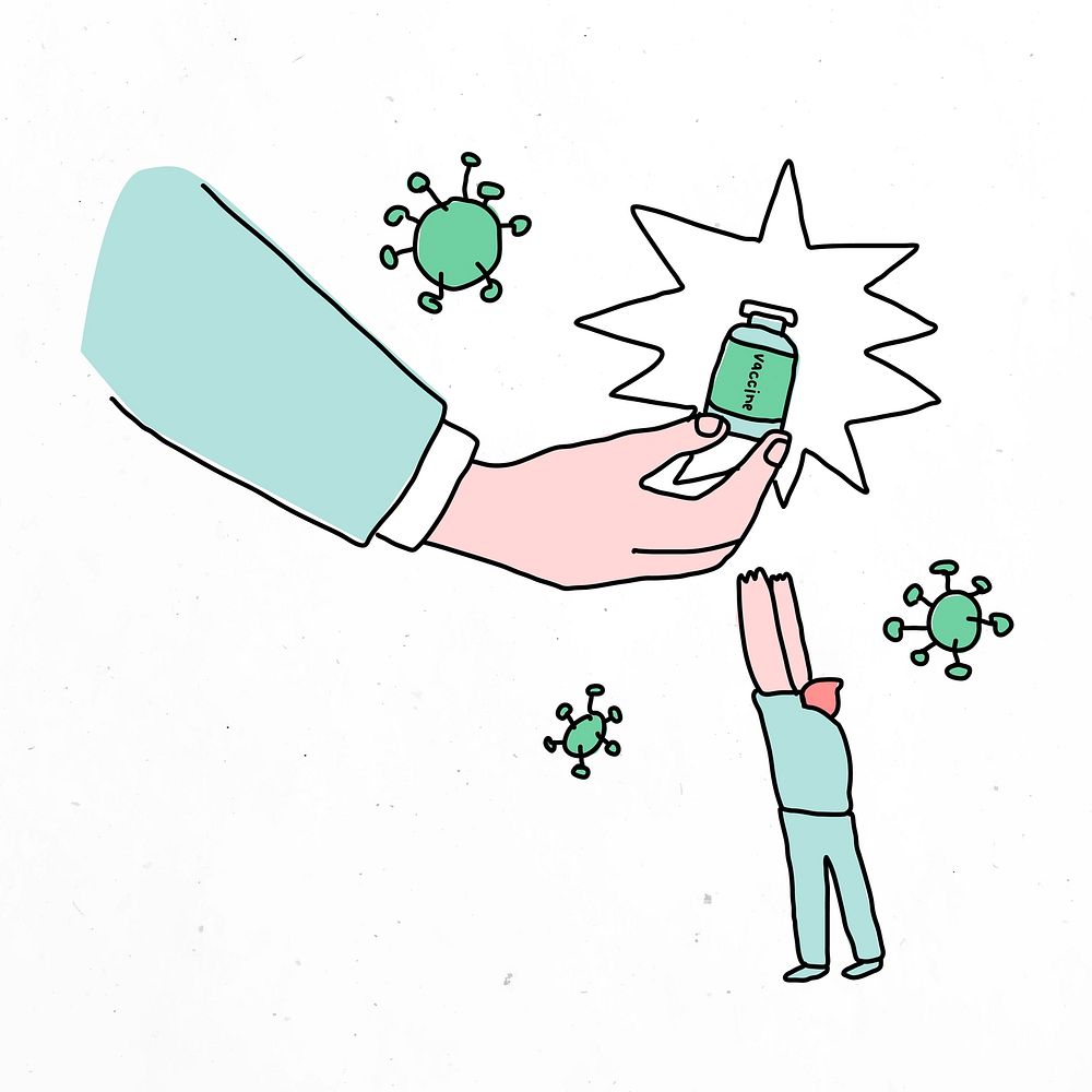 Big pharma vector and covid 19 vaccine doodle illustration with character