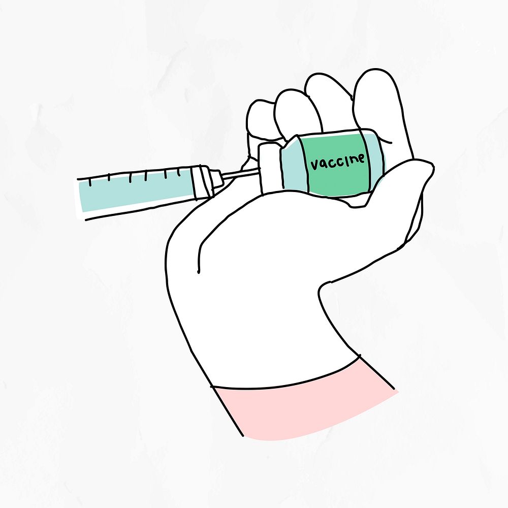 Vaccine injection vector doodle illustration bottle with needle doodle for clinical trial