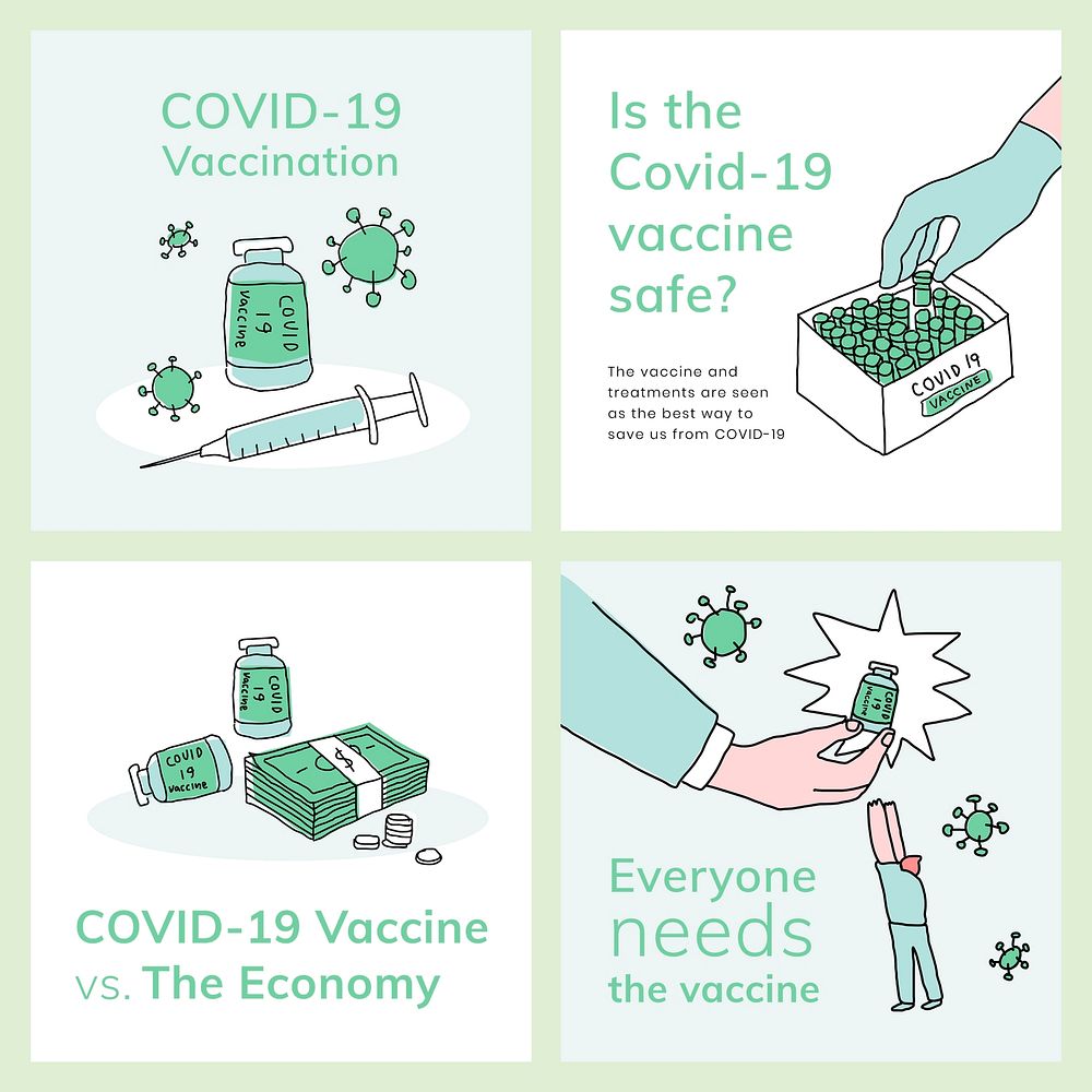 Covid 19 editable templates vector vaccine development social media post doodle illustration