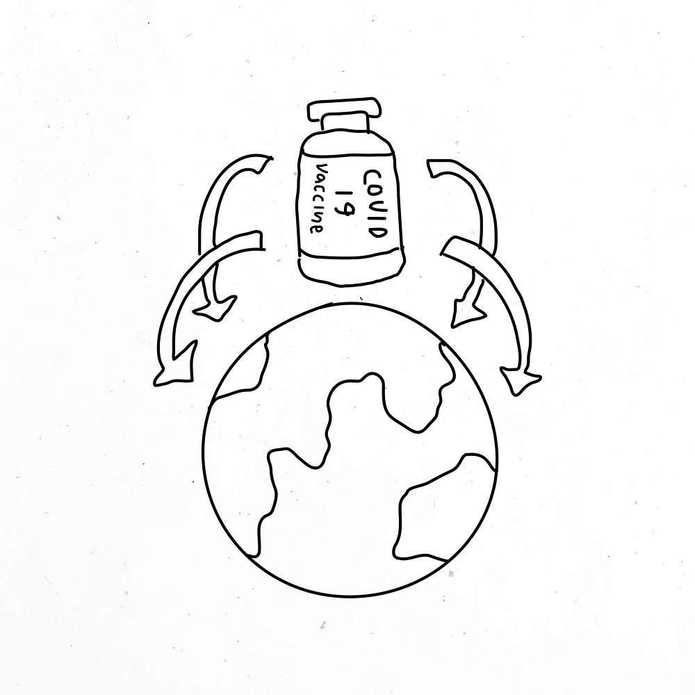 Global covid 19 vaccination vector doodle illustration