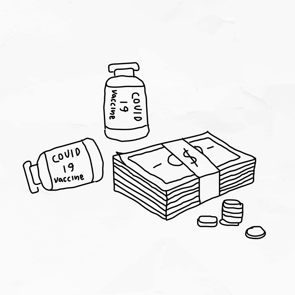 Covid 19 vaccine vector and big pharma doodle illustration