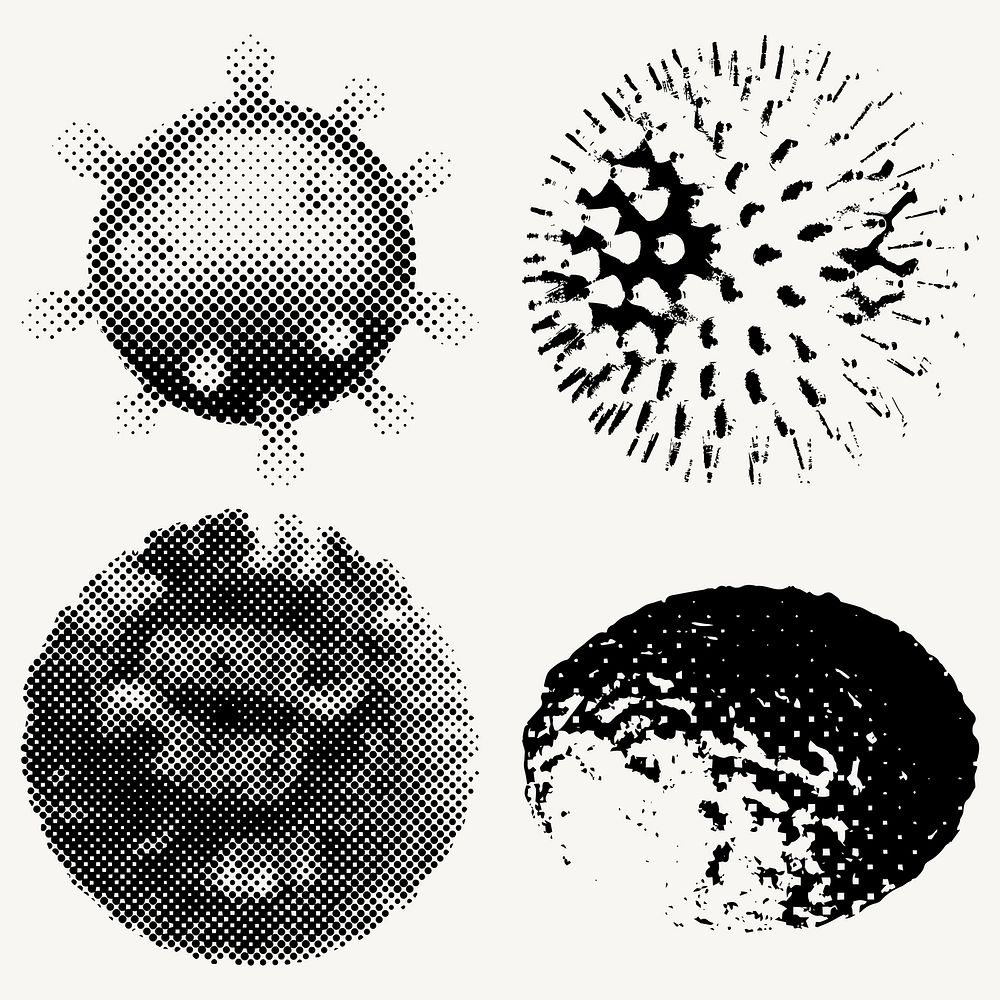 Monotone coronavirus cell under microscope design element on a white background vector set