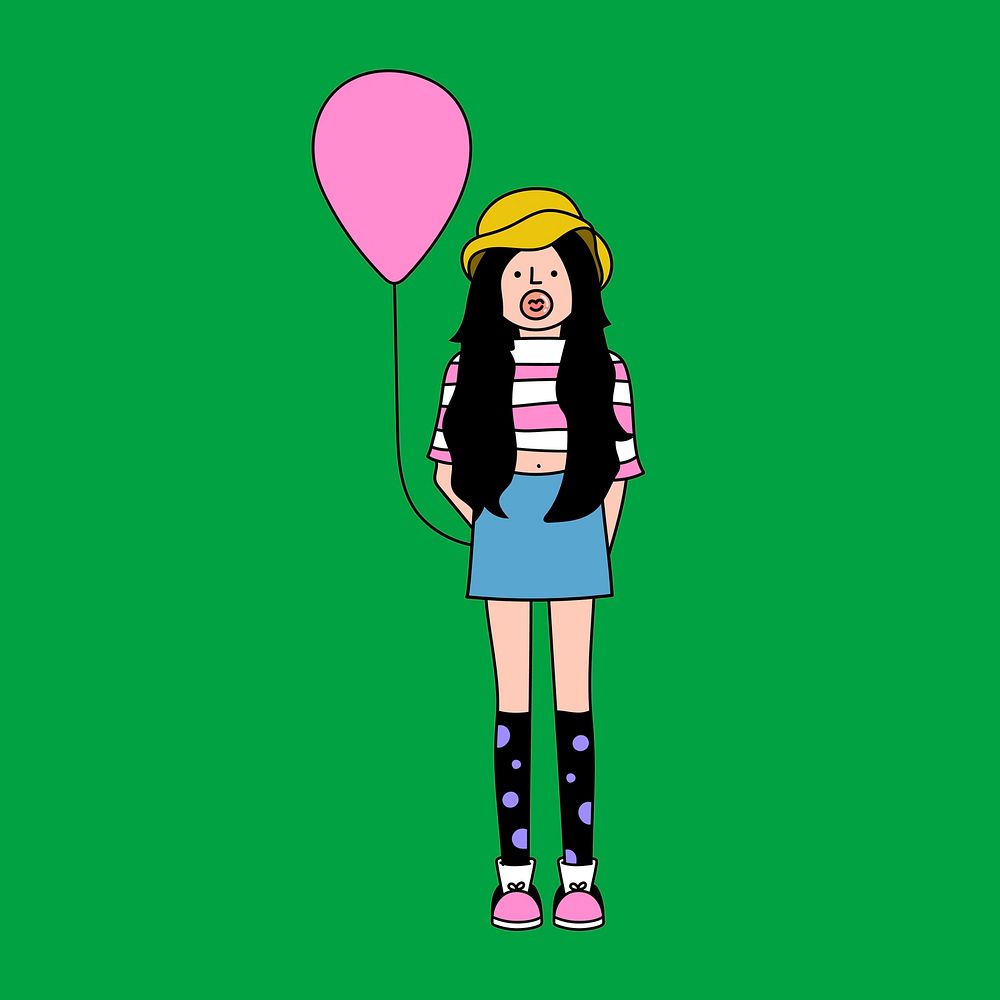 Fashionable black haired girl with a pink balloon illustrated on a green background vector