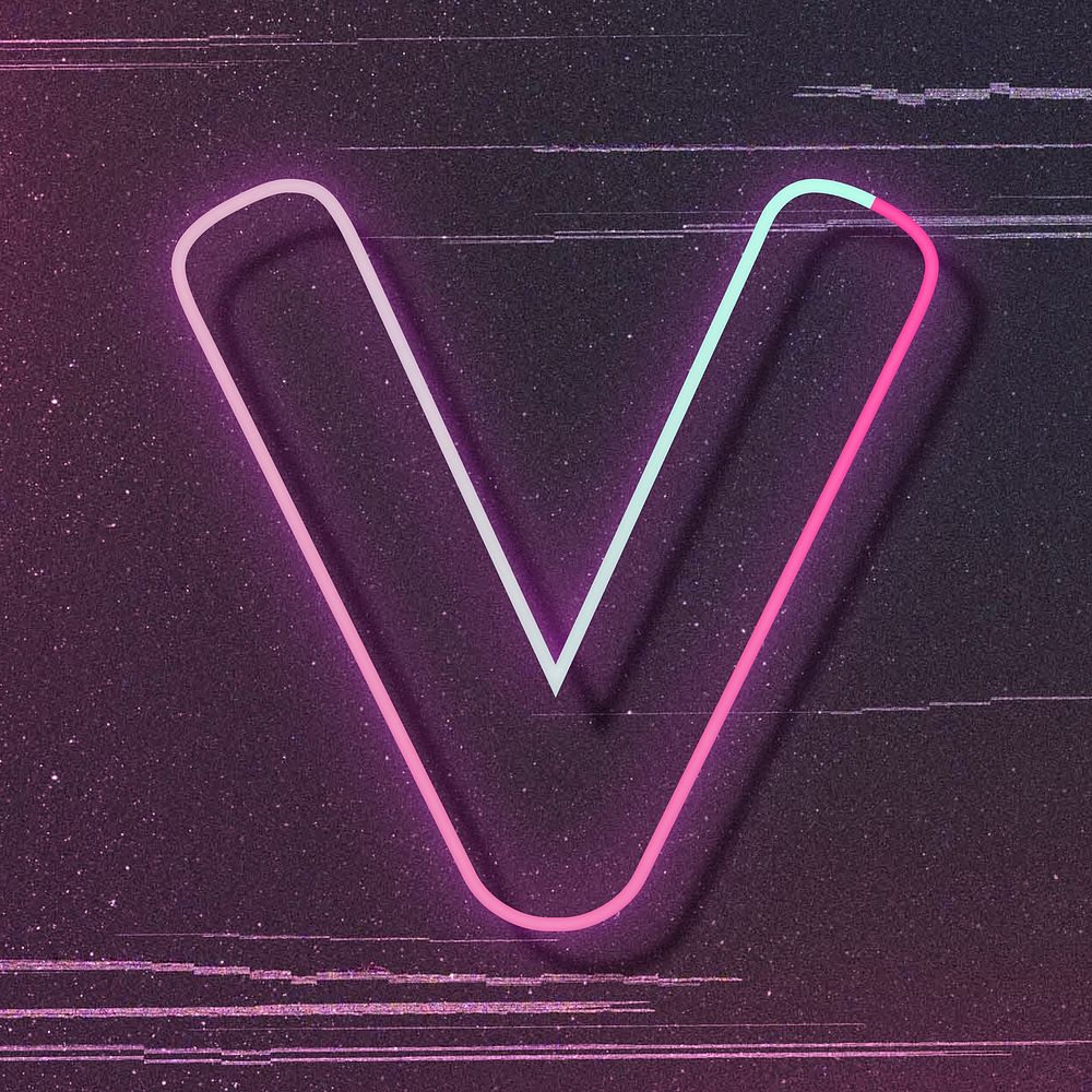 Pink neon glow letter V vector font typography
