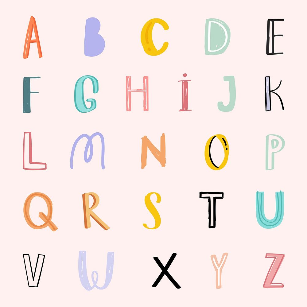 Pastel doodle alphabet word art set