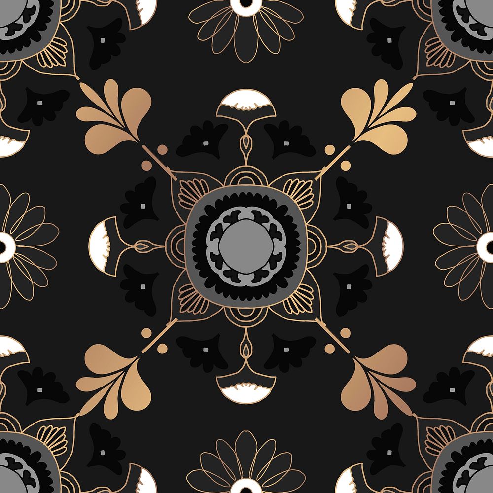 Mandala black seamless pattern vector botanical background