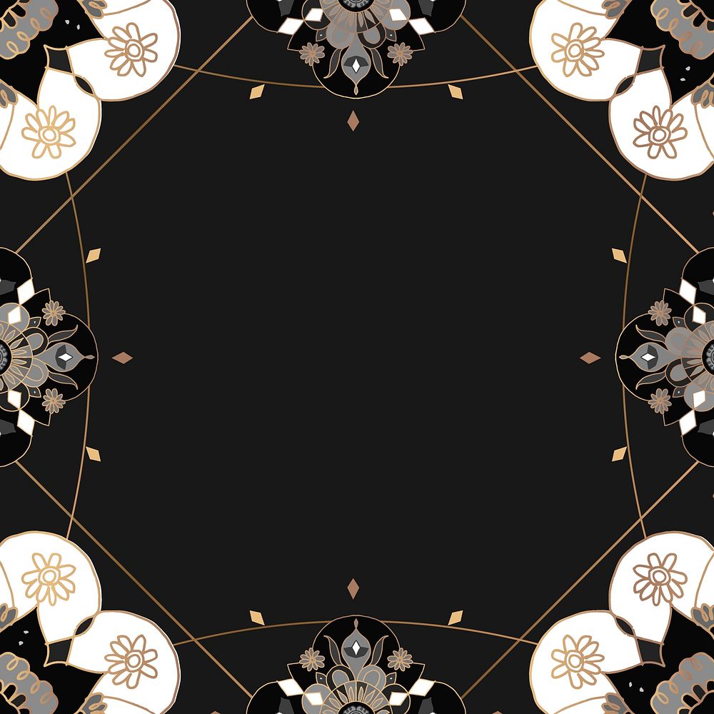 Mandala pattern gold frame vector black botanical Indian style