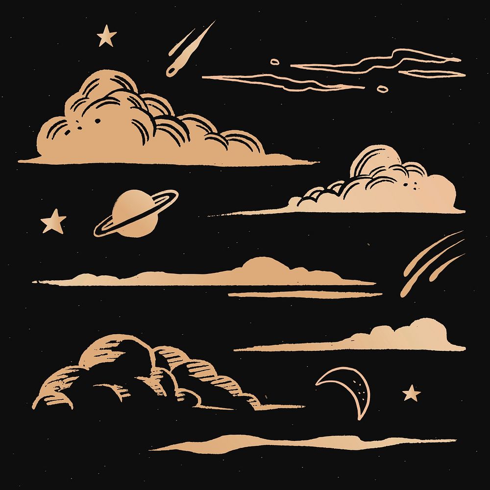 Cute clouds gold vector galaxy doodle illustration sticker