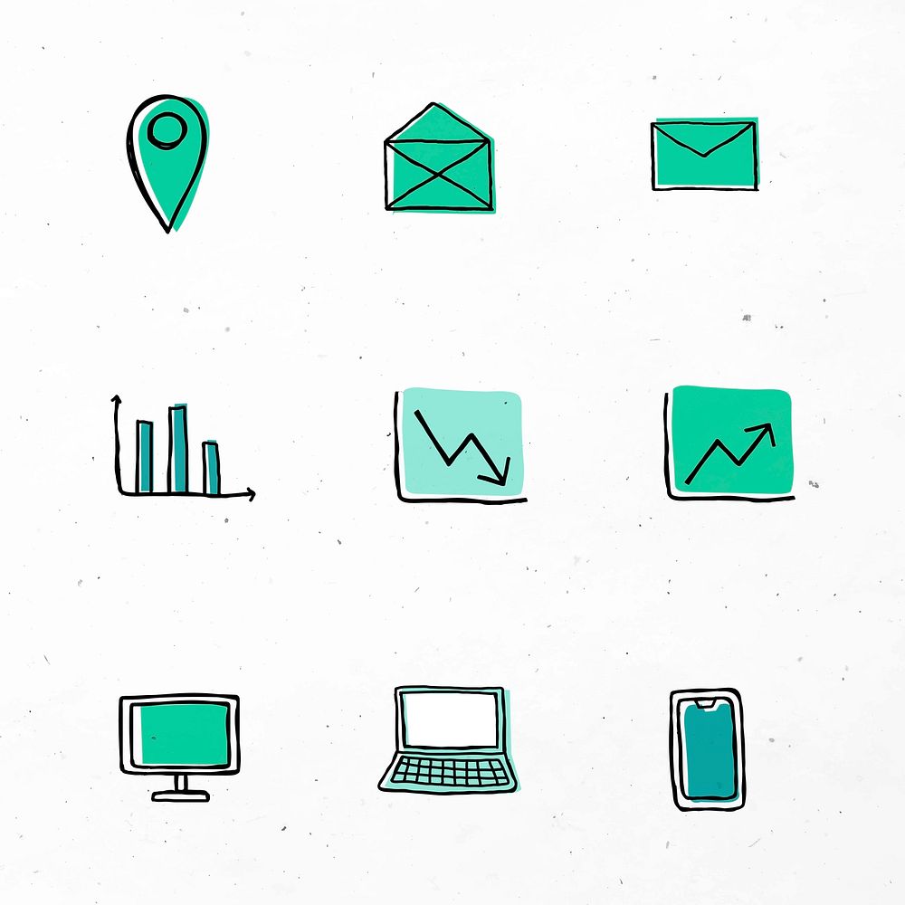 Green business icons vector with doodle art design set