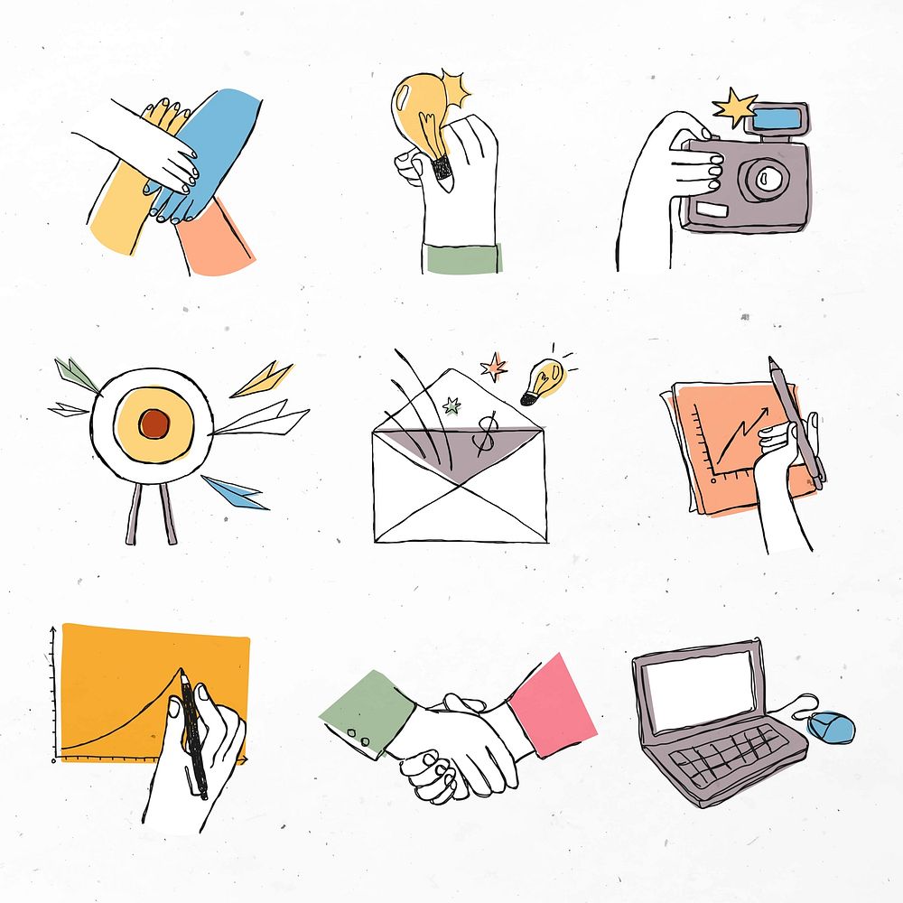 Colorful teamwork icons vector with doodle art design set