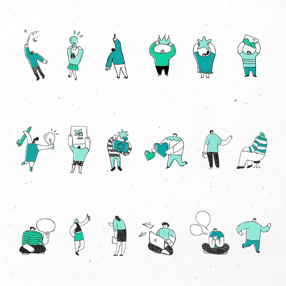 Cute green business vector cartoon icons set