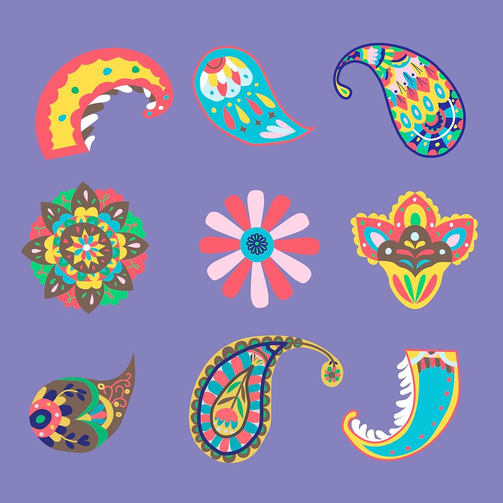 Colorful Indian paisley ornamental vector set