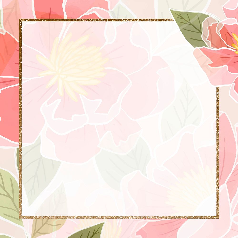 Hand drawn rose flower vector with gold frame