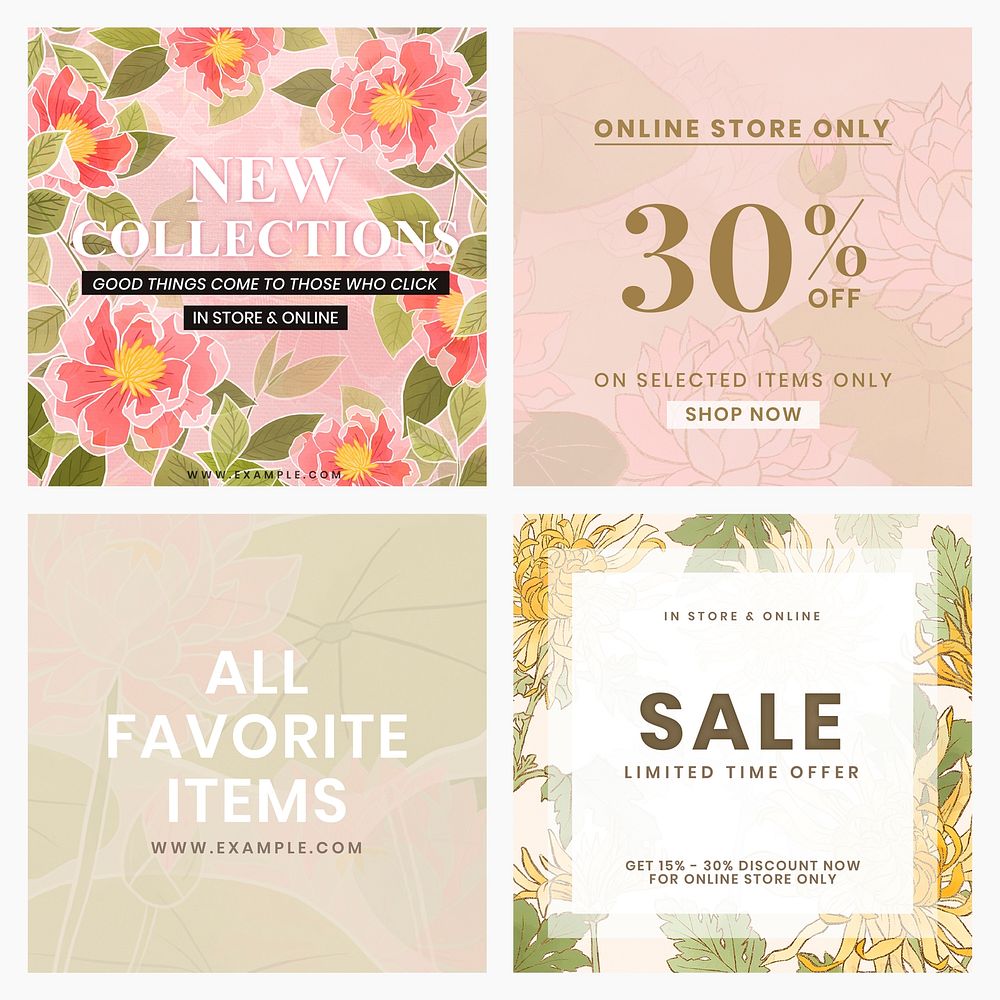 Editable templates with floral Batik motif flower background vector for social media post