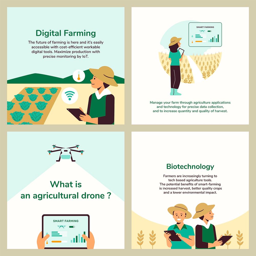 Digital farming vector editable template agricultural technology set