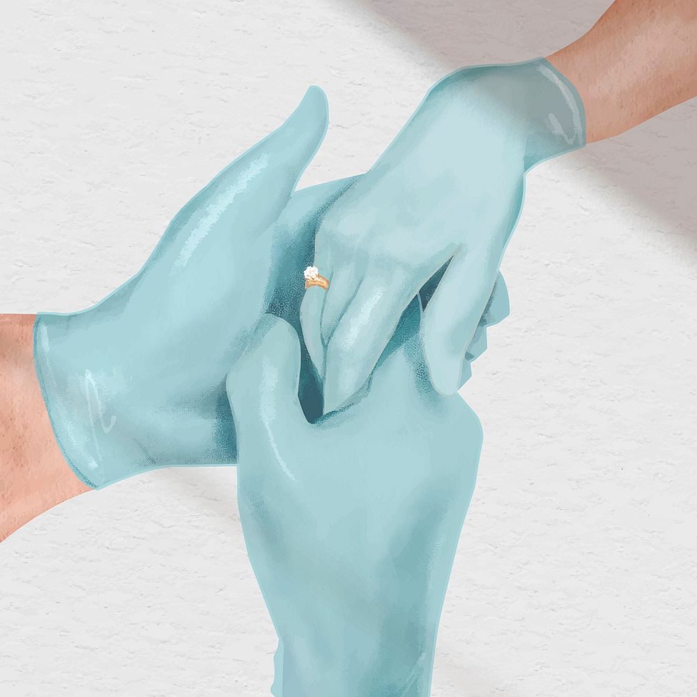 Intertwining hands wearing surgical gloves vector illustration for COVID-19 campaign social media post