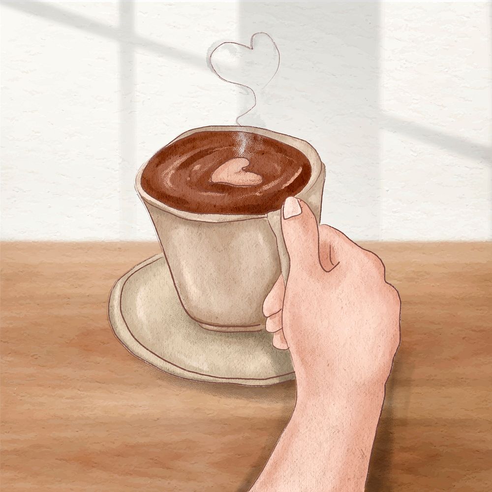 Cute latte art coffee vector aesthetic hand drawn illustration social media post