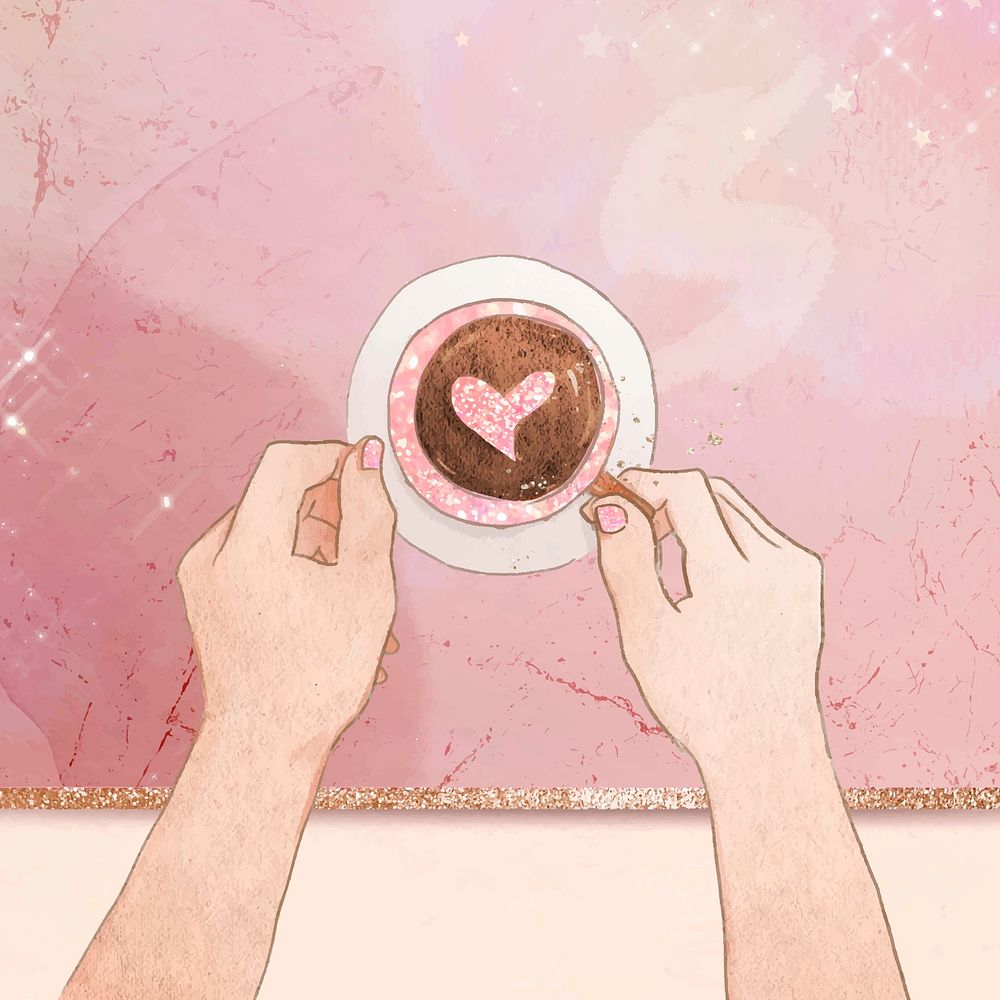 Cute heart coffee vector pink glittery marble texture social media post