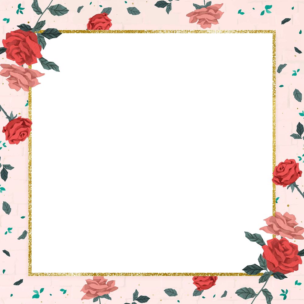 Valentine&rsquo;s roses with golden frame vector on pink brick wall background 