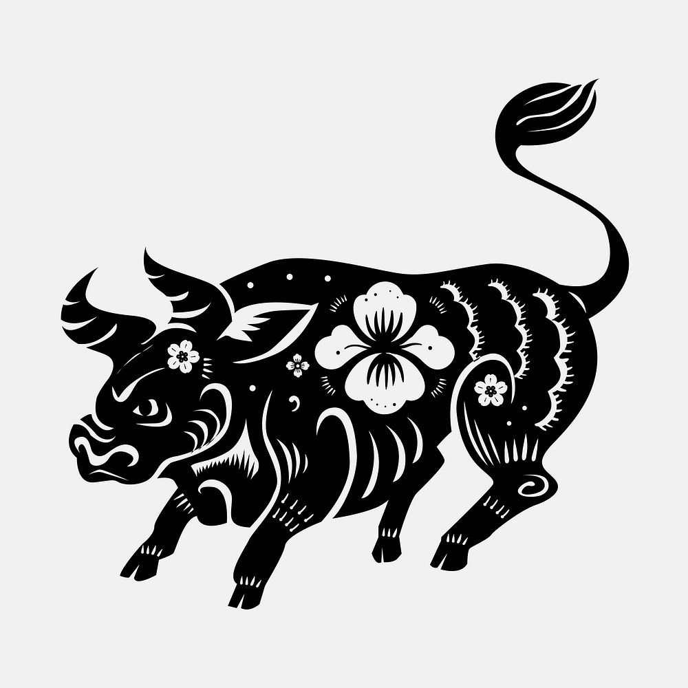 Ox year black vector traditional Chinese zodiac sign sticker