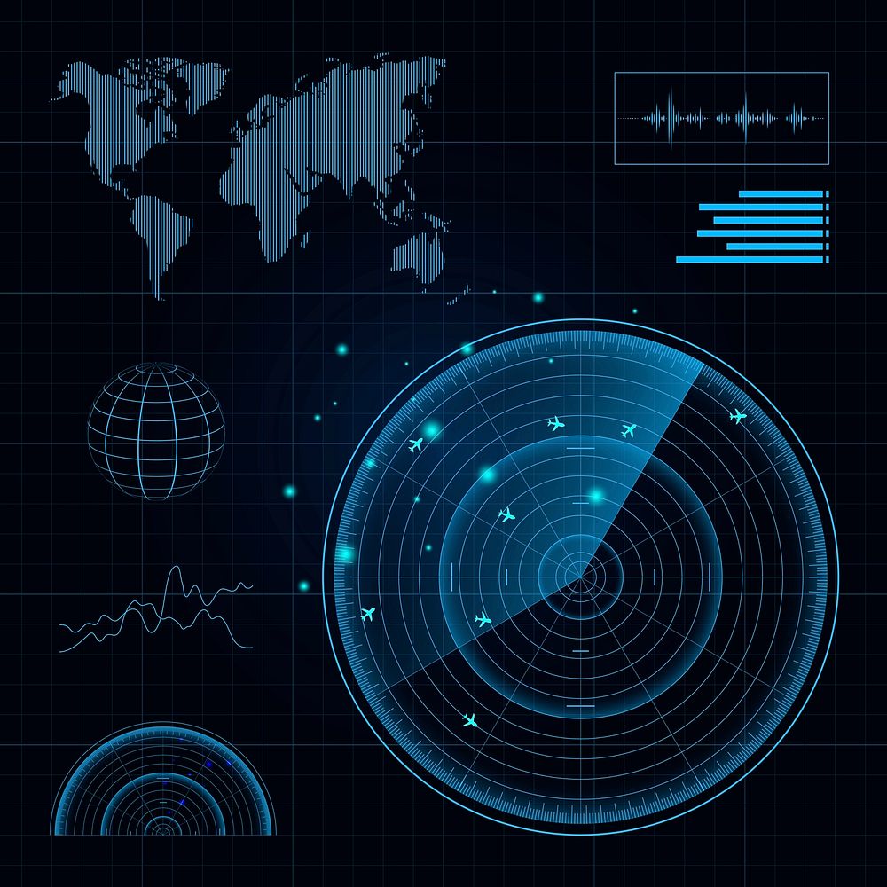 Military technology radar screen vector with globe mapping in blue