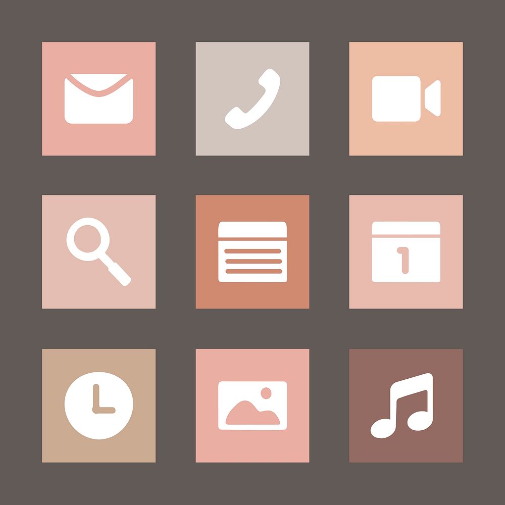 Simple flat app icons vector in earth tone for mobile phone set
