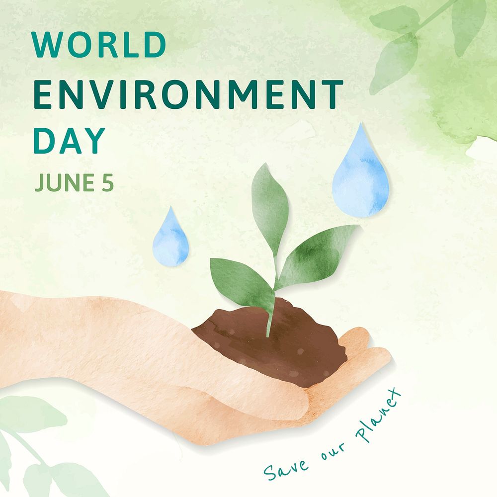 Environment theme editable template vector for social media post with world environment day text in watercolor