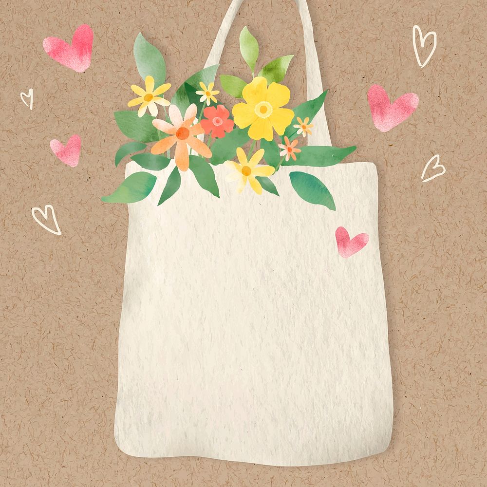 Eco-friendly background vector with flowers in tote bag illustration                                                        …