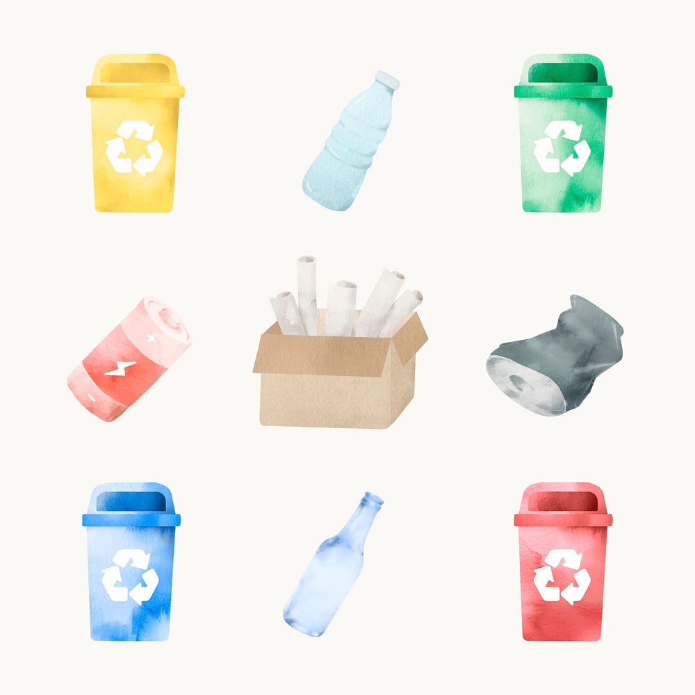 Recyclable trash vector in watercolor design element set