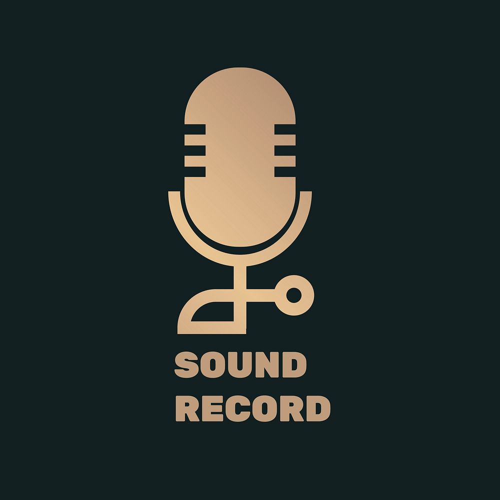 Microphone logo vector minimal design in black and gold with sound record text
