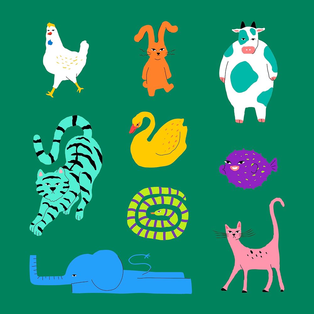 Colorful animal illustrations psd design element set